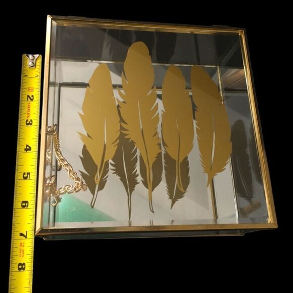 Feather Print Glass Trinket Box Vintage 90s Jewelry Gold Tone Western Bohemian - Picture 3 of 16